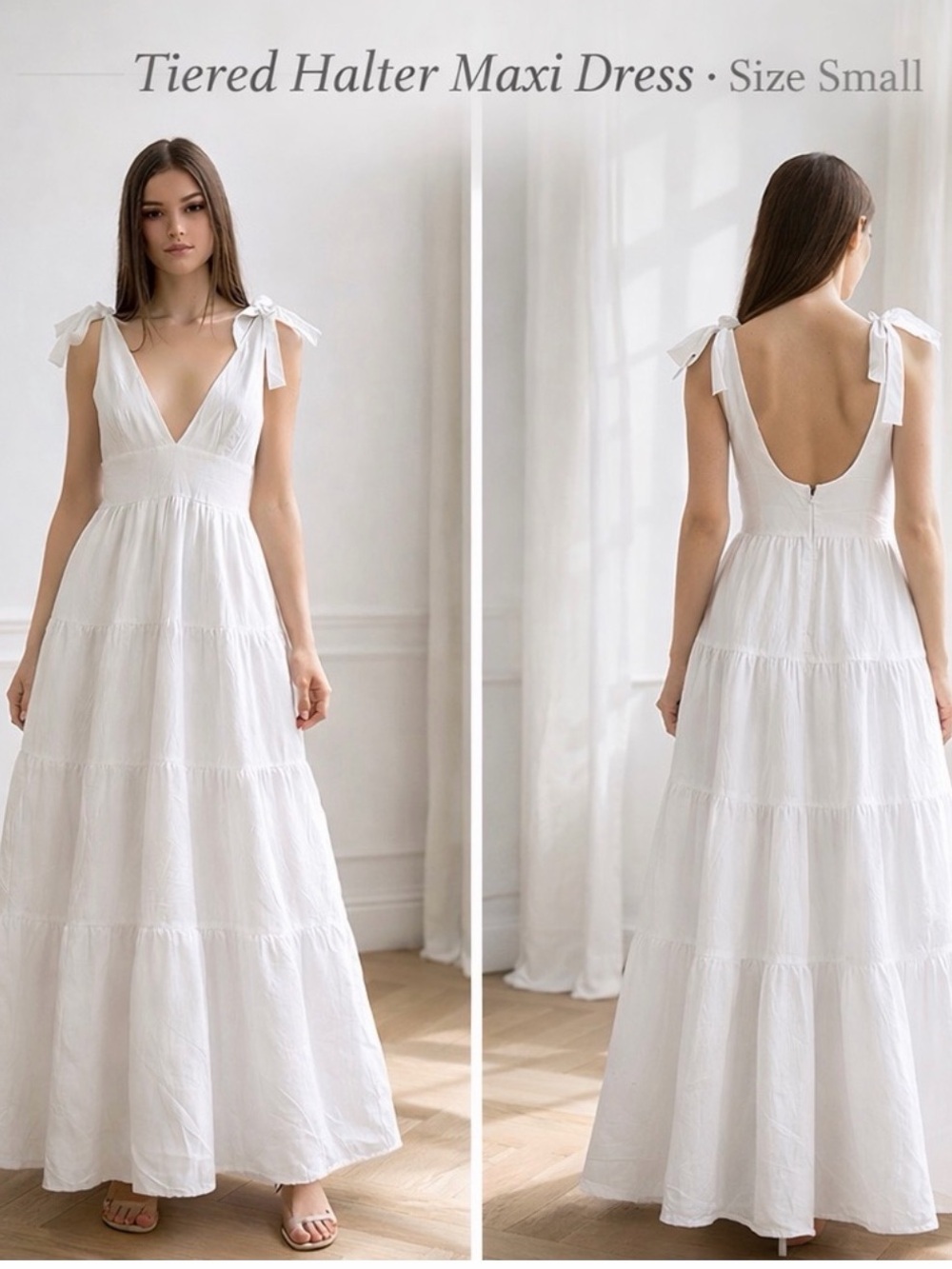 White Tiered Halter Maxi Dress Small Adjustable Straps Boho Cottagecore - Picture 6 of 6